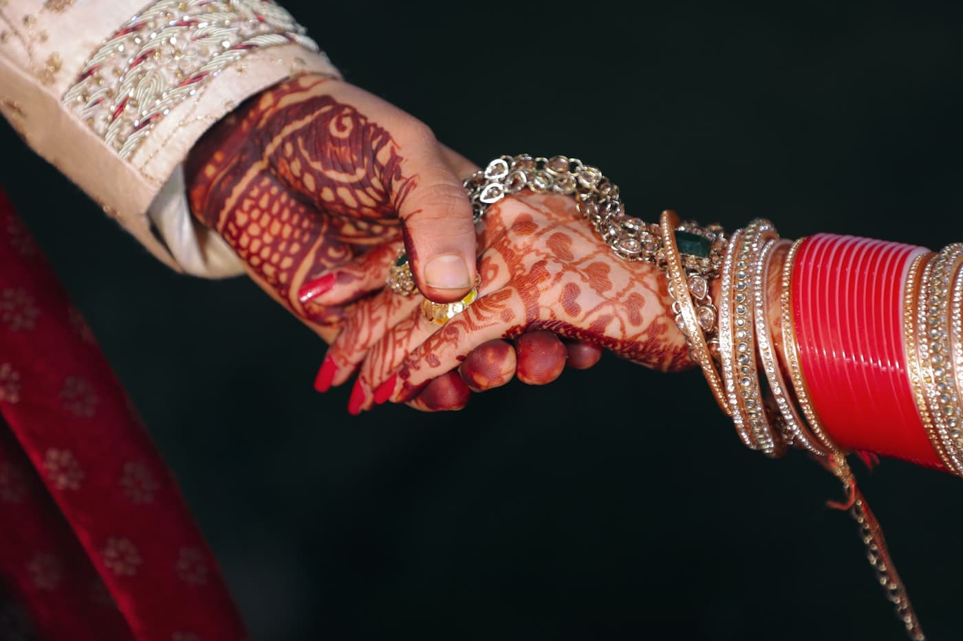 Wedding detail frame focused on gold jewelry and hands